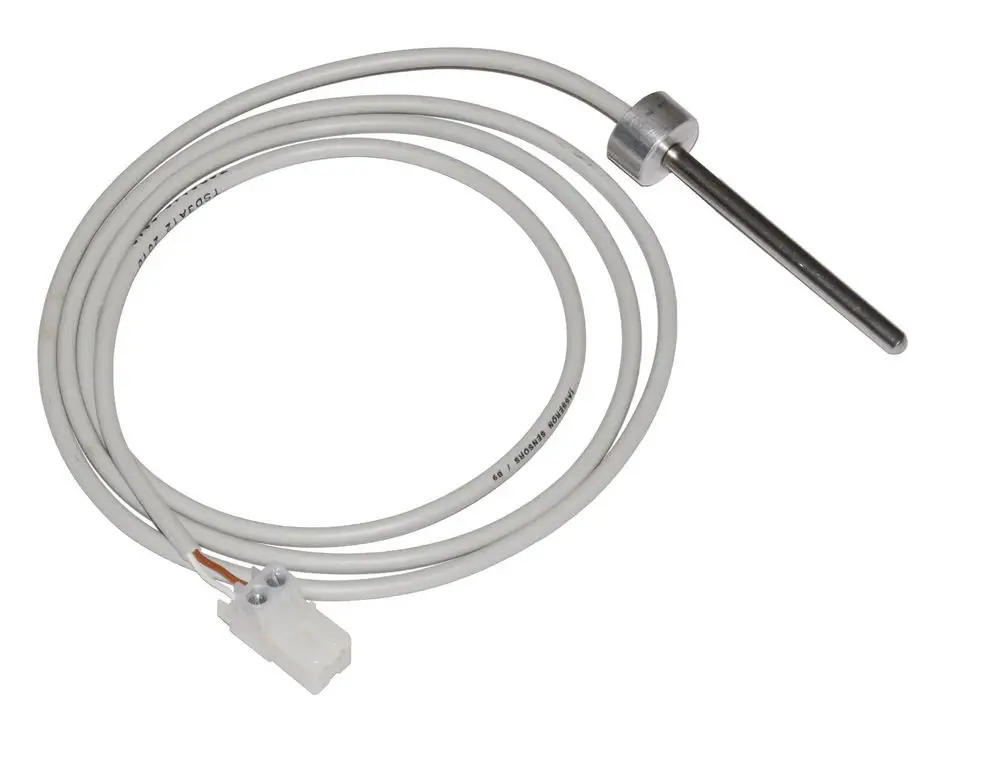Abgastemperaturfühler mit einem Metallstift und Kabelanschluss, geeignet für Heizsysteme von Remeha zur Temperaturüberwachung.